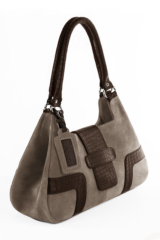 Taupe brown women's dress handbag, matching pumps and belts. Worn view - Florence KOOIJMAN